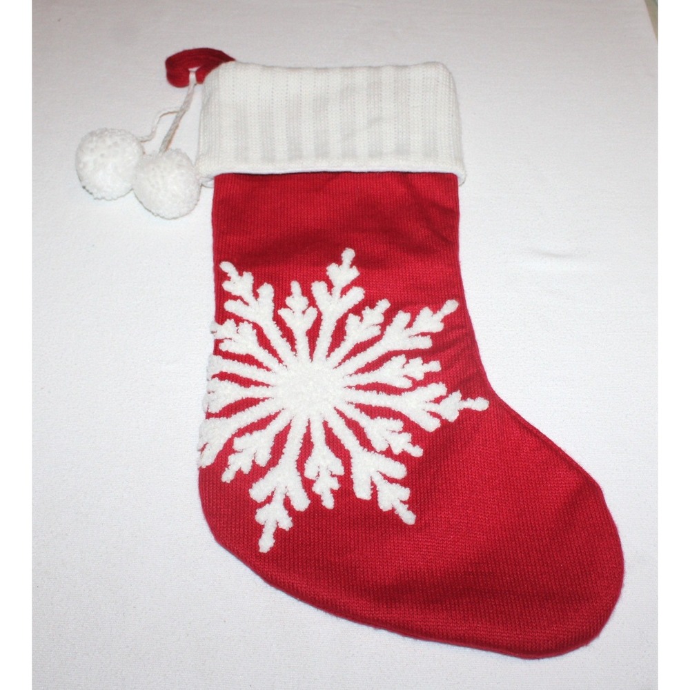 Bass Pro Shops 18" Christmas Stocking red white nnit snowflake pompoms holiday